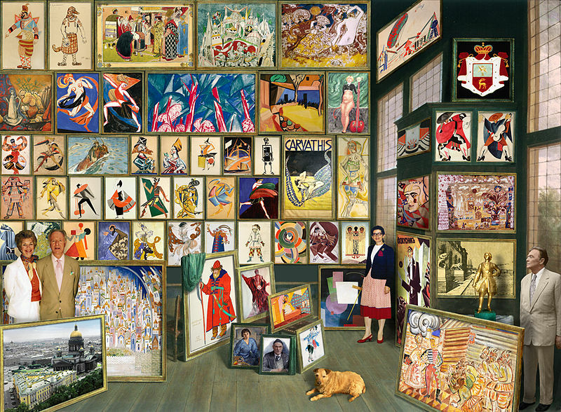 Евгений Шефер (Шеф) «Групповой портрет». На полотне на фоне картин из собрания Лобановых-Ростовских изображены Джун и Никита Лобановы-Ростовские (слева), собачка Салли (на переднем плане), Нина Лобанова-Ростовская (посередине), Илья Самойлович Зильберштейн (справа). Фото: wikipedia.org